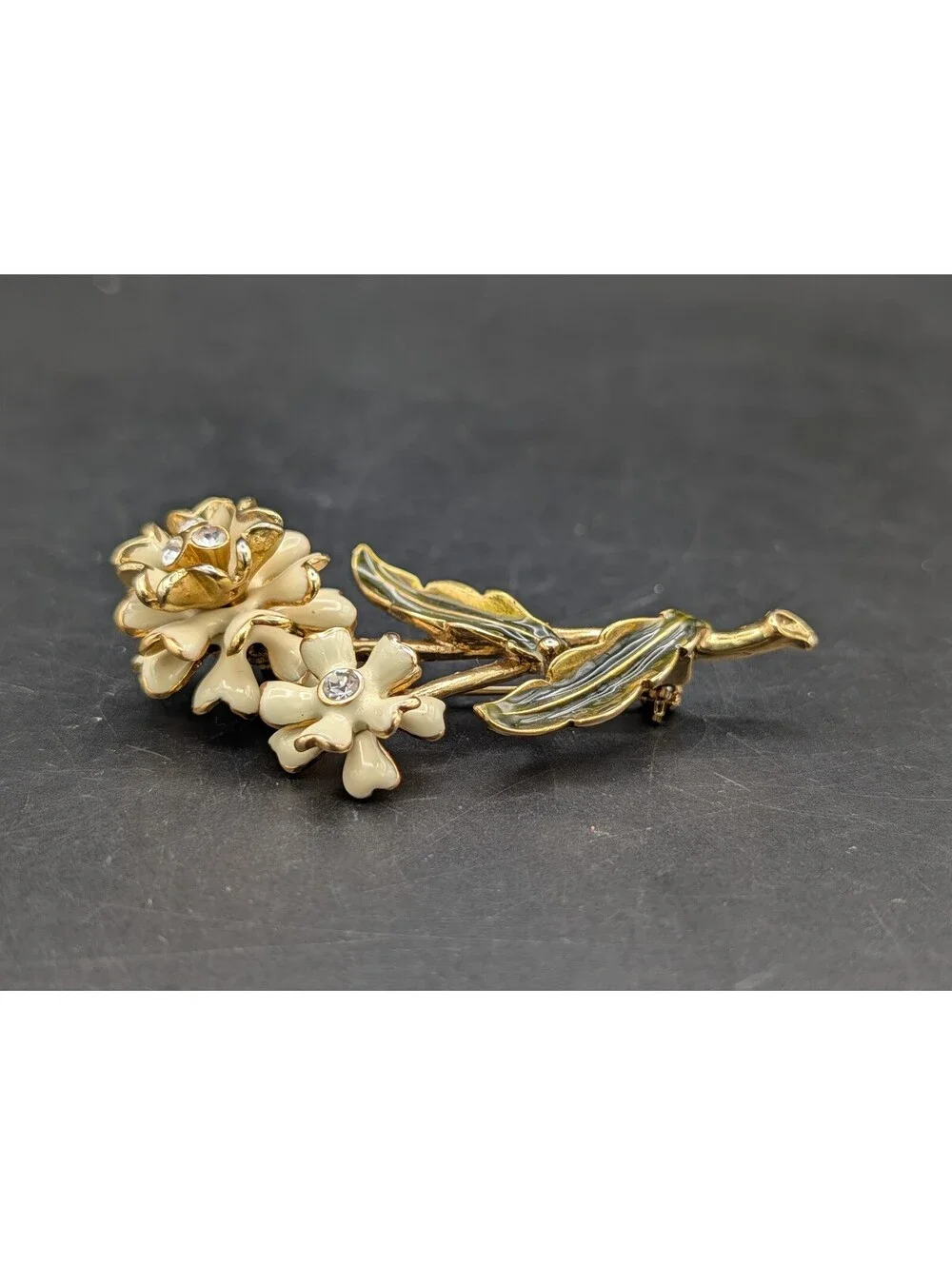 Vintage Monet Cream Enamel Flower Brooch Pin Gold Tone Rhinestone Floral Stem
